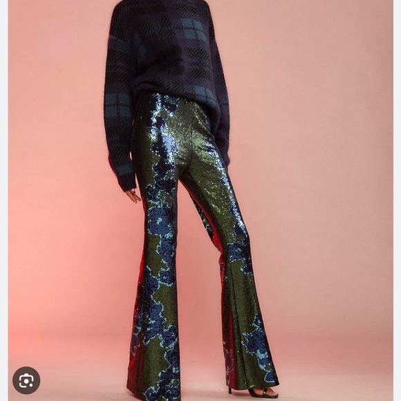Cynthia Rowley Pants - Cynthia Rowley Green and Navy Sequin Flare Pants